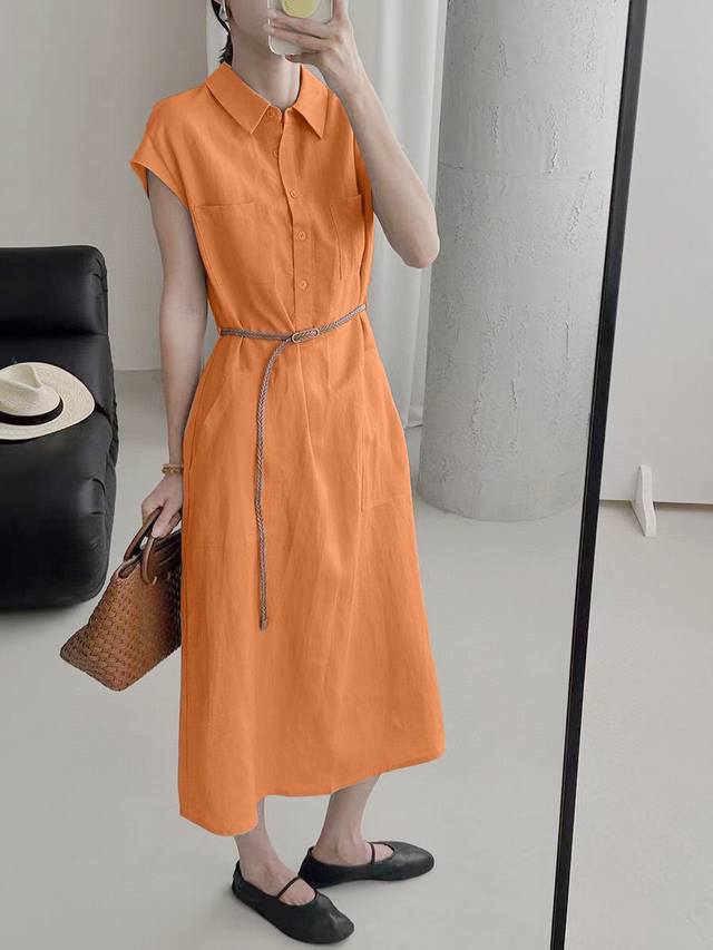 Dress Super popular retro linen short-sleeved shirt dress with pockets! Customiz