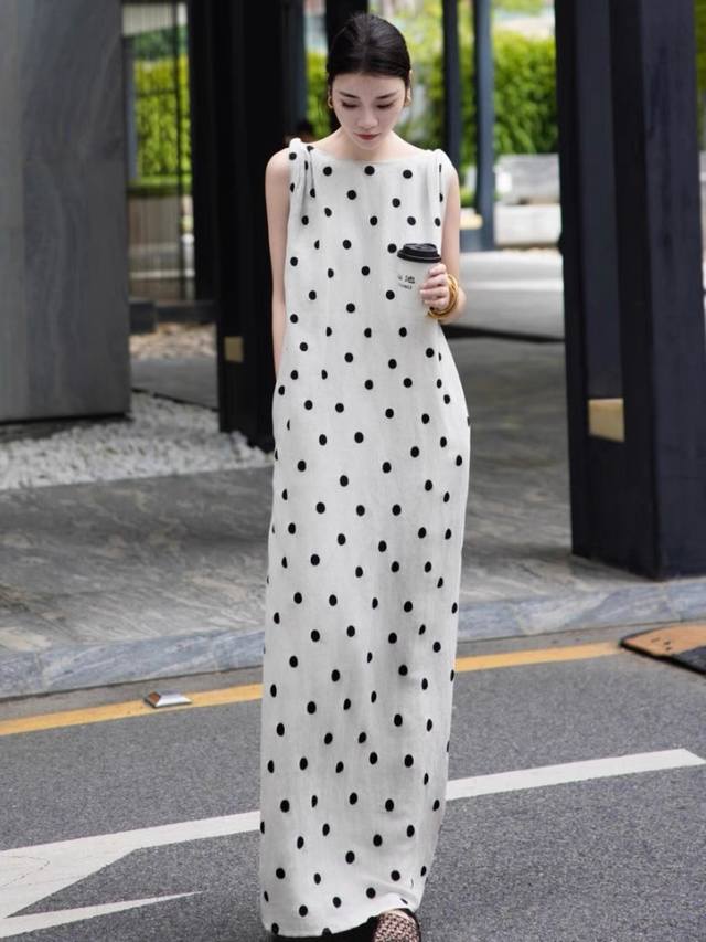 Dress Unique temperament long round neck sleeveless linen polka dot dress Smlxl