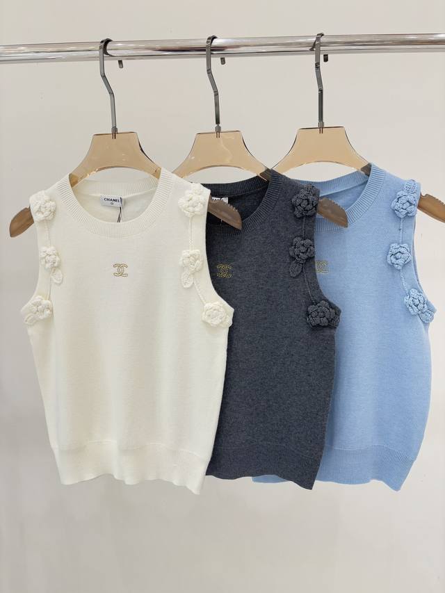 Chanel vest | 25 new summer round neck three-dimensional flower decoration lette