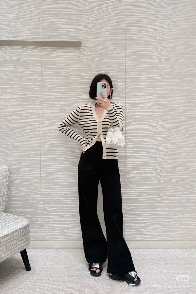 Dio*25Fw new autumn and winter short striped V-neck knitted cardigan high versio