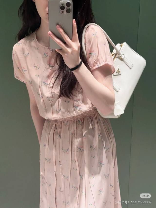 Prad*25New pink washed silk print dress, the hem can be buttoned up, unique summ