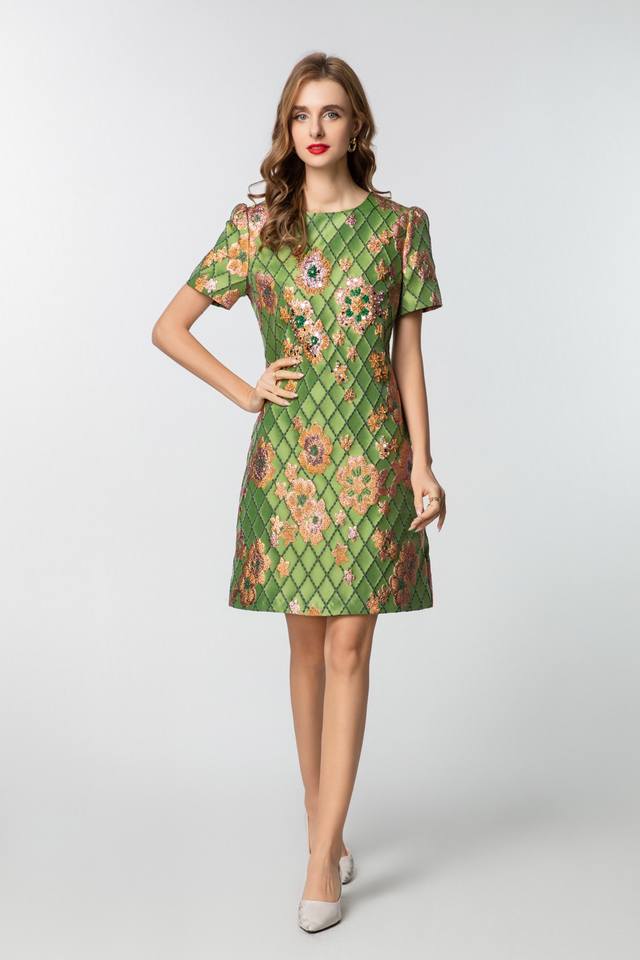 Dress New gold and silver diamond flower jacquard dress Three-dimensional tailor