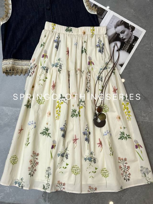 Skirt French pastoral style floral gentle elastic waist pleated large skirt skir