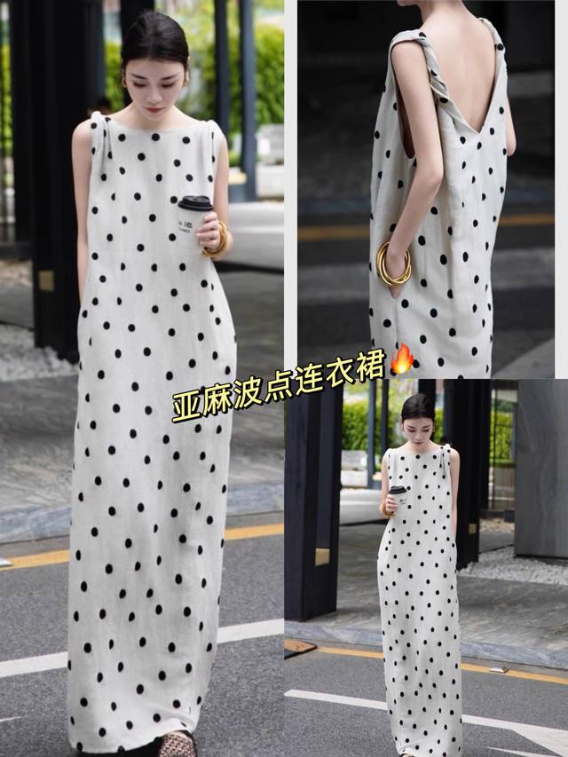 Dress Unique temperament long round neck sleeveless linen polka dot dress Smlxl