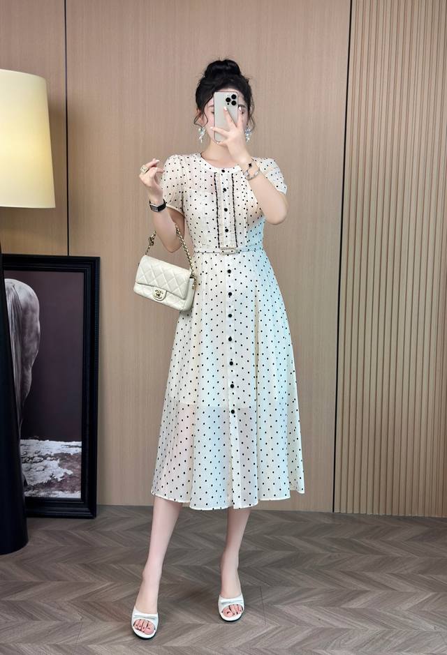 dress Tencel polka dot dress shipped with cloth bag pearl buckle belt monochrome