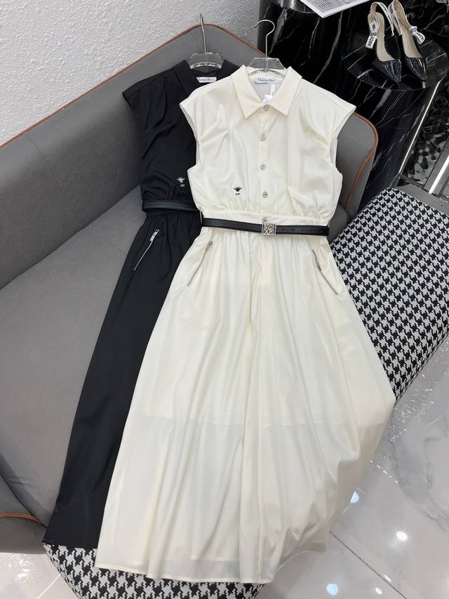 Dio* 25Ss new lapel flying sleeve dress with bee embroidery decoration and belt