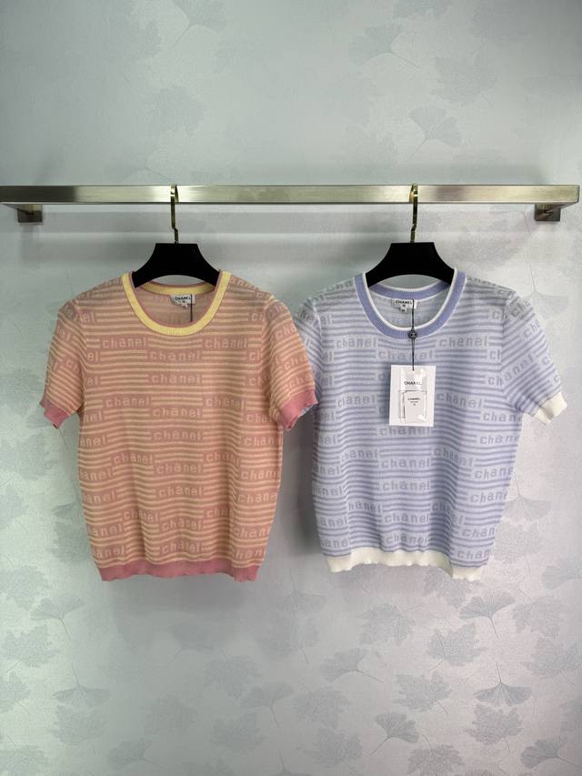 Chane*25 Summer knitted round neck short-sleeved top blue and white stripes with