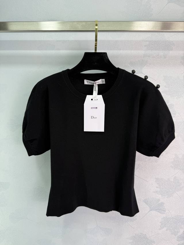 Dio*2025 Spring and Summer New Black Puff Sleeve Knit Top Metal decoration on th