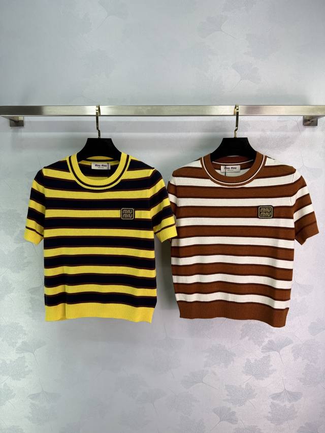 Miu* 2025 Spring and Summer latest collection! Striped round neck knitted short