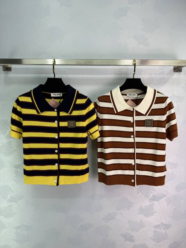 Miu* 2025 Spring and Summer latest collection! Striped lapel knitted short-sleev