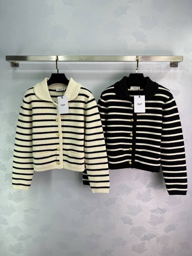 Ce*2025 Early Spring new striped knitted cardigan, black and white color matchin