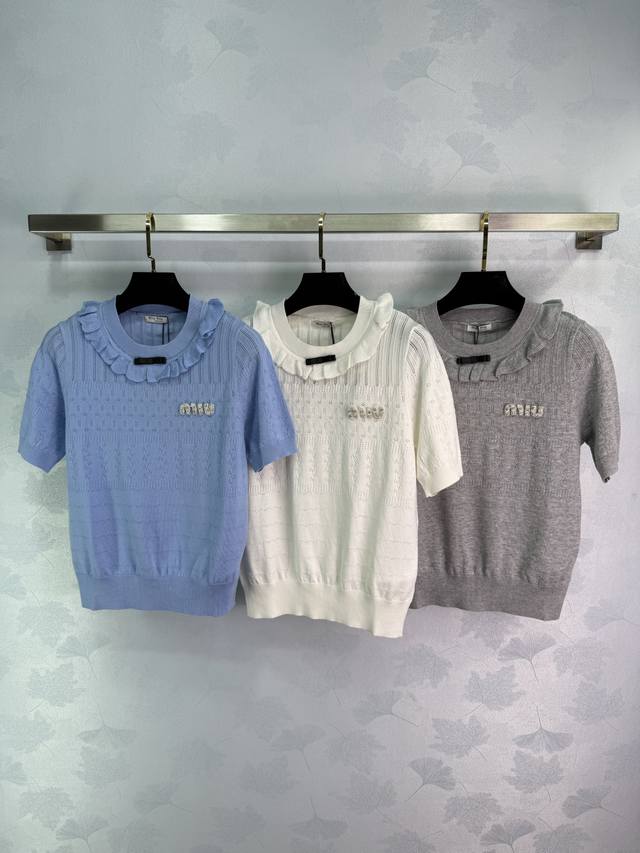 Miu*2025 spring new knitted short sleeves, collar ruffle design with rhinestone