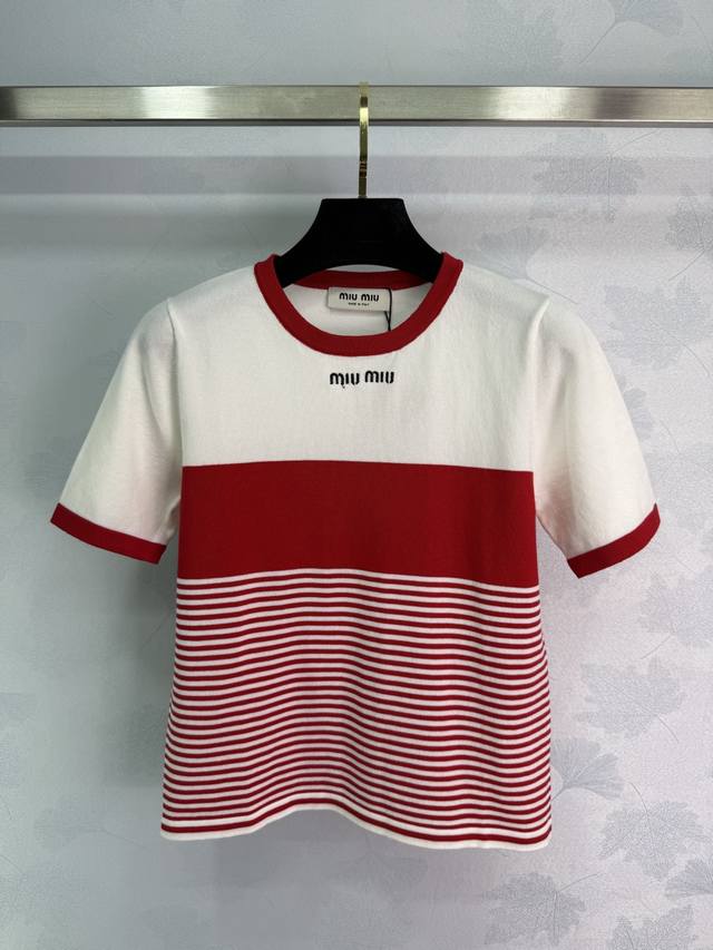 Miumi*2025 Spring and Summer new knitted stripes knitted short sleeves custom Yb