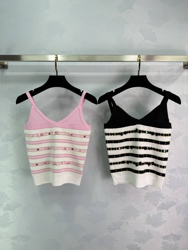 Cha*25 Spring and Summer new series of striped knitted camisole with bow and pea