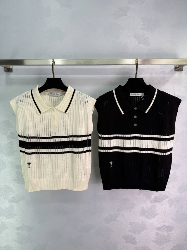 Dio*25 new spring and summer black and white striped knitted vest, Polo collar d