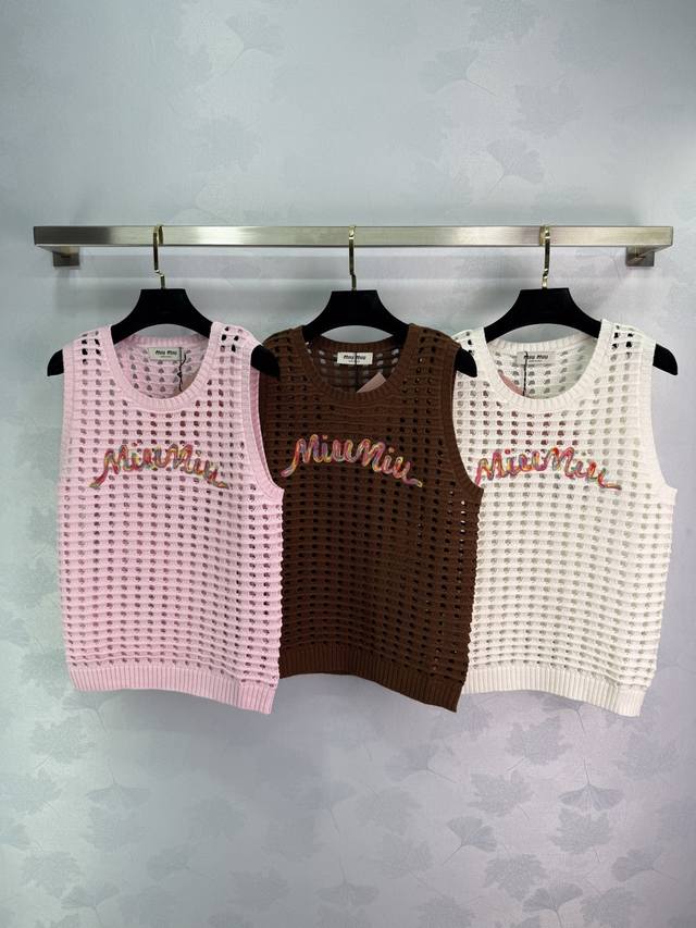 Miu Miu 2025 summer new hollow knitted vest, exquisite rainbow embroidered logo,