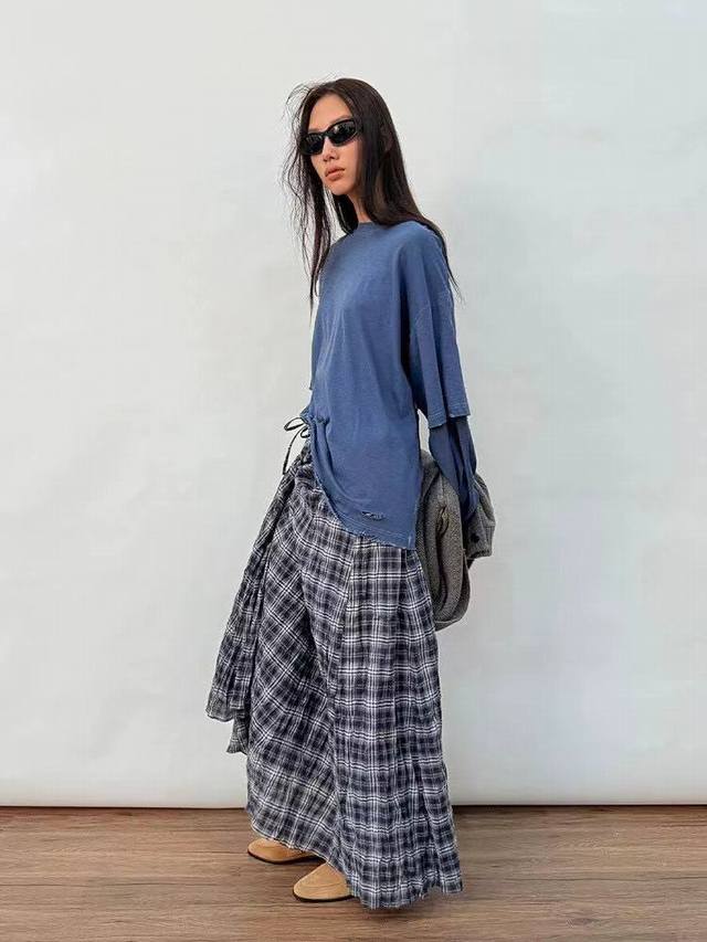 Dd 2025 Spring and Summer new checkered long skirt, brand checkered fabric, natu