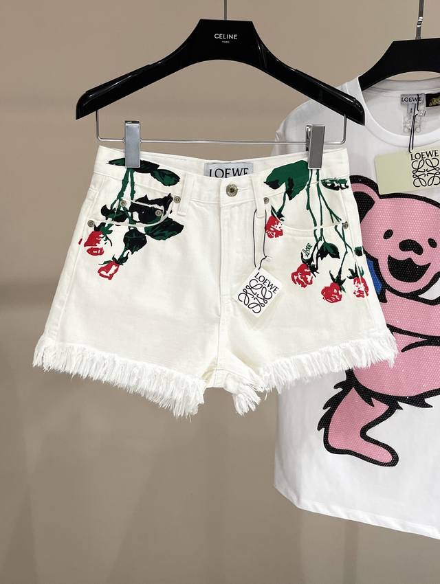 Loewe* white rose denim shorts Loewe25 new spring and summer style Custom solid