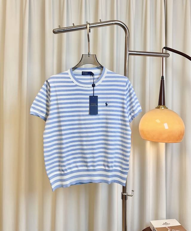 Po**New embroidered warhorse logo Logo silk cotton striped short-sleeved top Cus