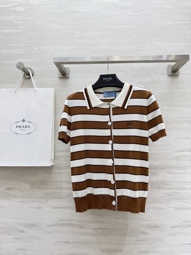 Prad2 new style contrast striped short-sleeved knitted cardigan high quality cus