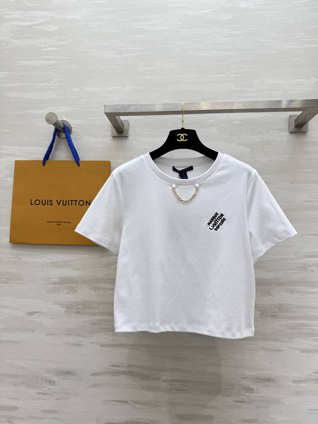 Lv2 new contrast color embroidery letter pattern chain short T-shirt high qualit
