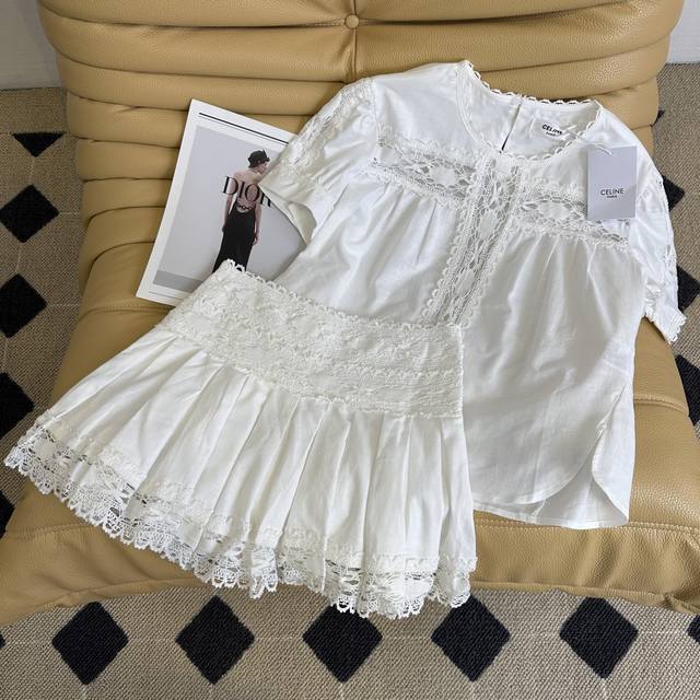 Summer white lace flower hollow short-sleeved suit spliced with striped lace hol