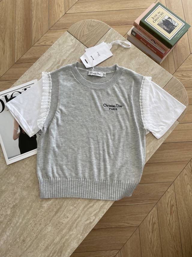 25 New D-style contrasting logo embroidered knitted short-sleeved top with lace