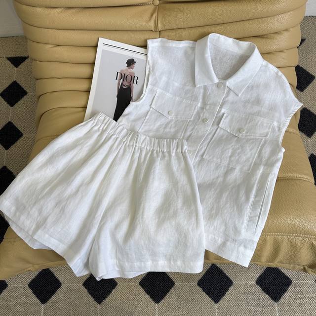 25 New summer linen vest + elastic waist shorts suit The vest is a little small