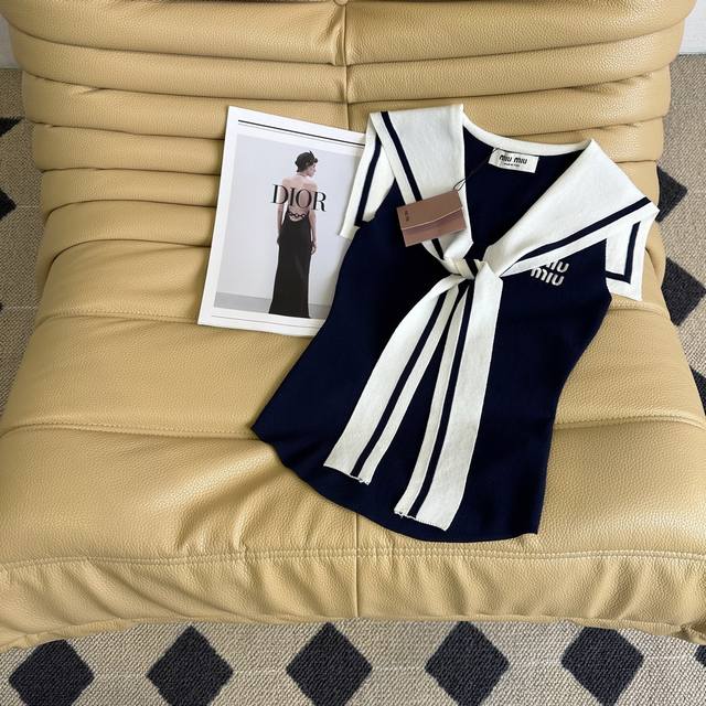 25 Summer new Miu* contrast color naval academy style shawl collar knitted vest