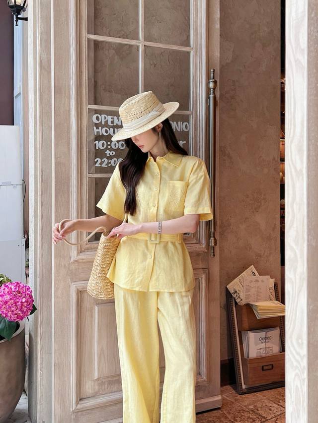 Set Loew*Loewe Pocket Embroidery Short Sleeve Belted Shirt Loose Straight Trouse