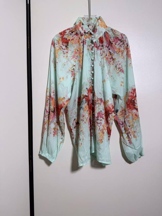 Zimm An*new floral print stand collar button down long sleeve shirt. Smlxl