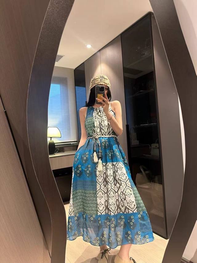 New peacock blue color matching printed ramie holiday style fashion printed slee
