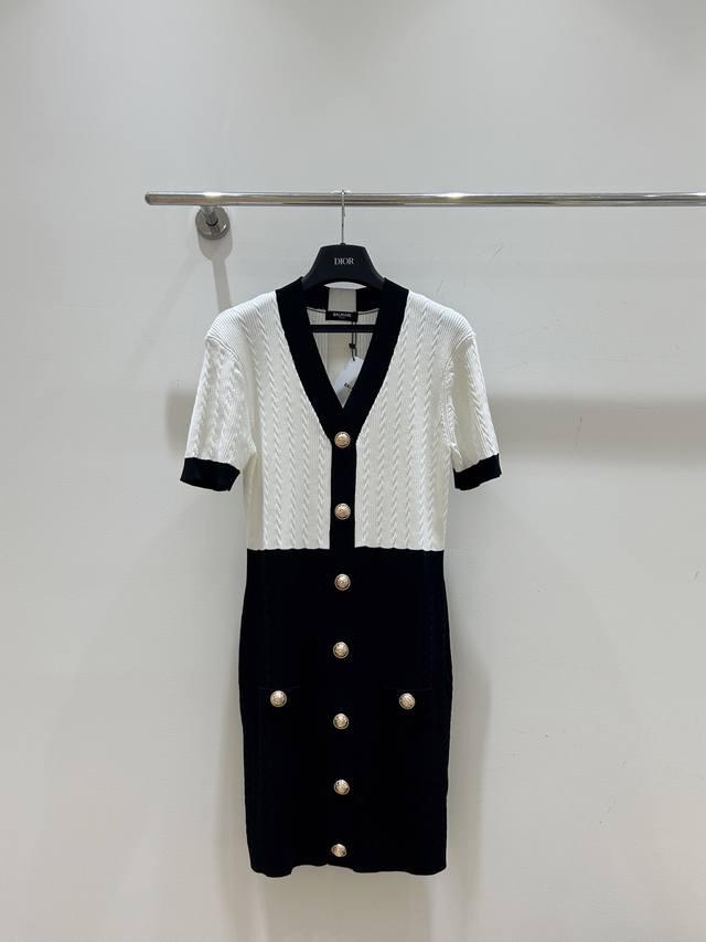 2025 summer new stock Balmain V-neck metal button dress, slim fit and hip-wrappe