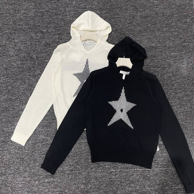 Dior new style chest five-pointed star jacquard hooded knitted top 2 colors Sml
