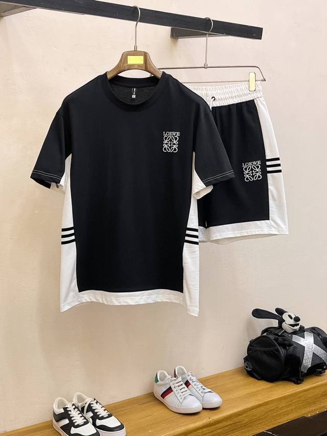 Straight brand Loewe 2025 round neck short sleeve shorts suit Pure cotton fabric