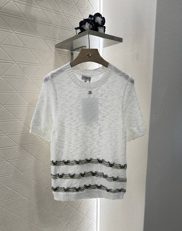 Chane*2025 new arrivals Gold thread embroidery hem knitted short sleeves Customi