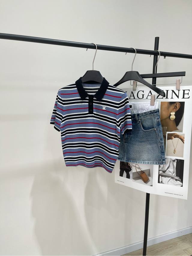 Ce blue and black striped Polo knitted short sleeves , fabric: Tencel cotton Col