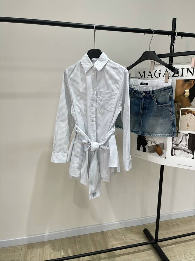 Loe irregular shirt dress with vertical stripes belt , fabric: cotton Color: lig