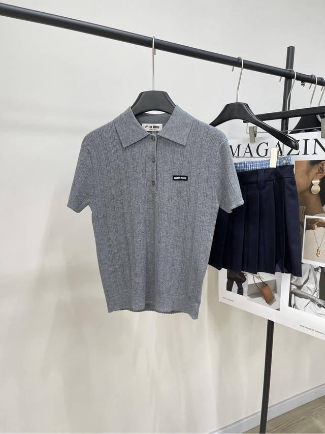 M Temperament gray hollow Polo knitted short sleeves , fabric: cashmere blend Co