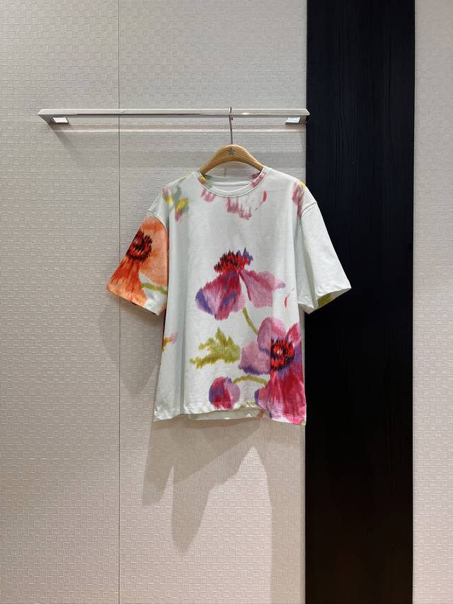 New oil painting flower print T-shirt loose casual back logo letters lazy fashio