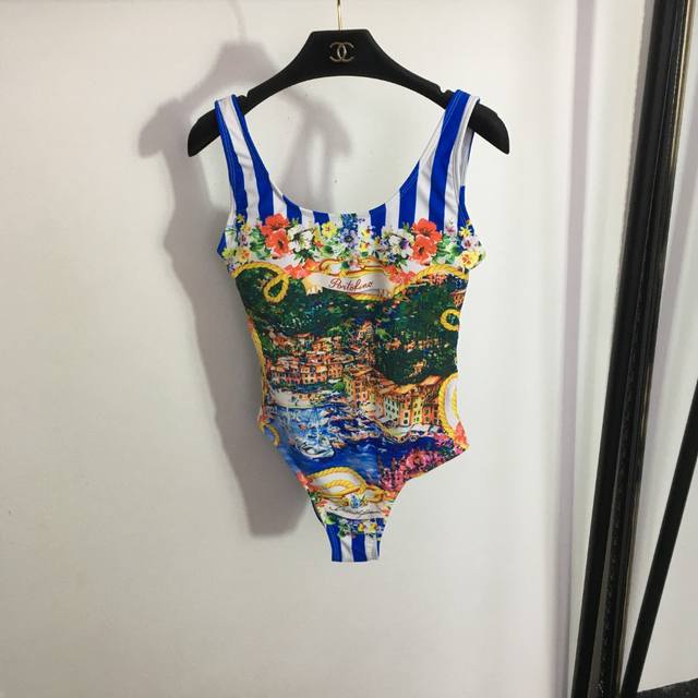 Style 4867 Dg*New Resort Stripe Floral Print Strap One-Piece Swimsuit, Blue, S-X
