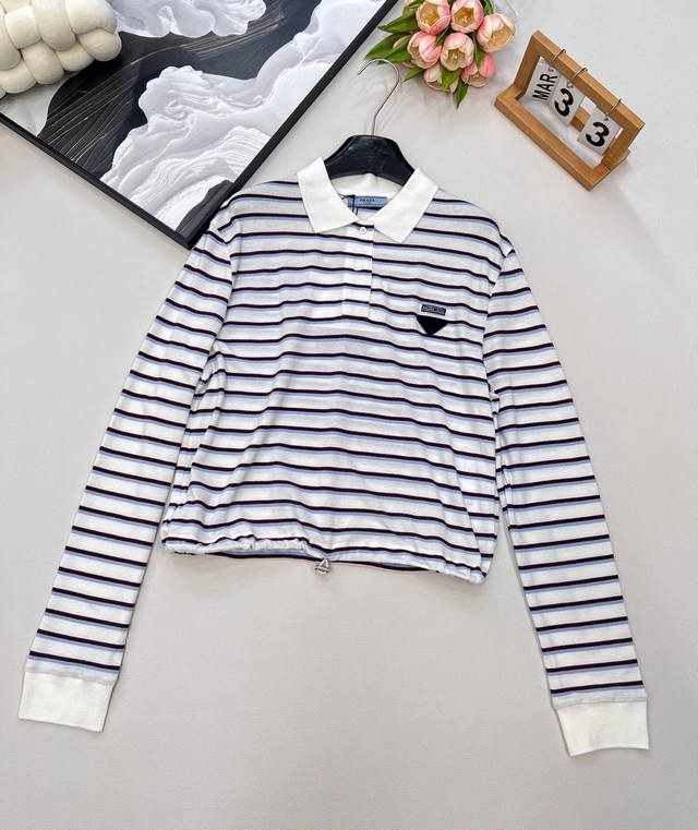 Prada25Ss new striped short drawstring long-sleeved Polo shirt | Exclusive high-