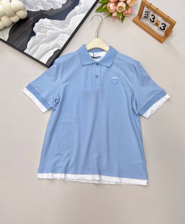 Prada 2025 new contrasting fake two-piece shirt, customized Yb original red cott