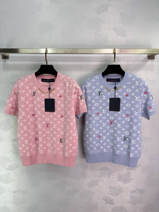 Lou*2025 new round neck short-sleeved sweater, full-print classic logo pattern,