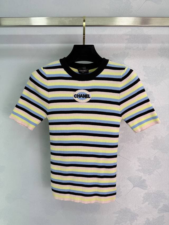 Ch*2025 Spring and Summer new striped knitted short sleeves, rainbow color match