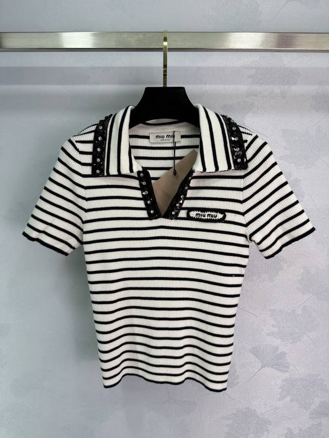 Miumi*2025 Spring and Summer latest series! Contrast striped lapel knitted short