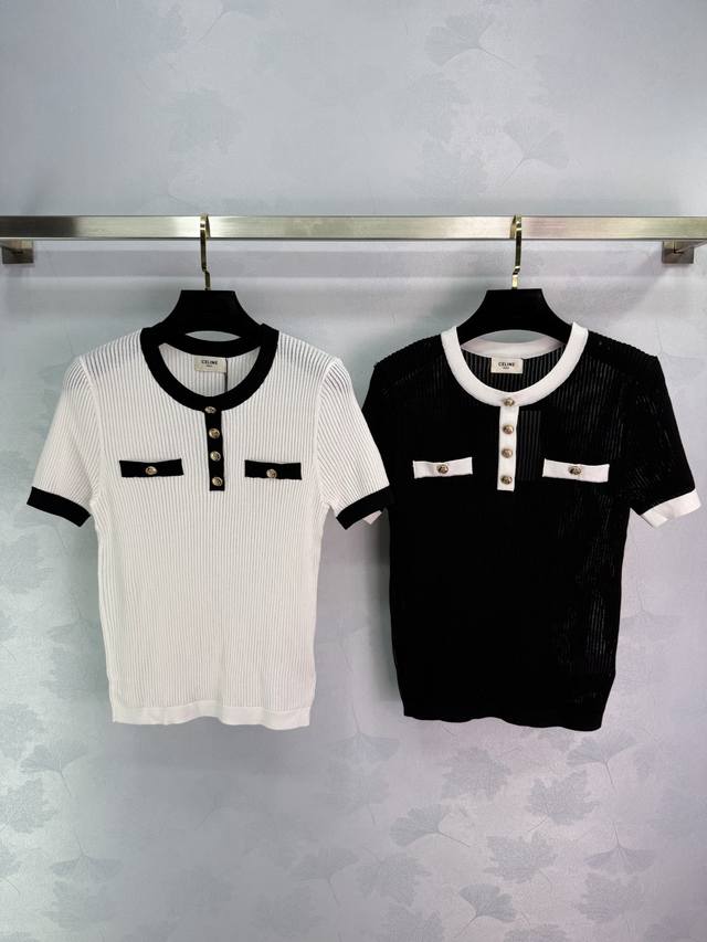 Celin* 25 Early Autumn new knitted short-sleeved top with black piping on the co