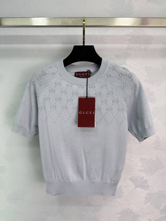Gu*2025 early spring new hollow knitted short sleeves, exquisite Gg pattern holl