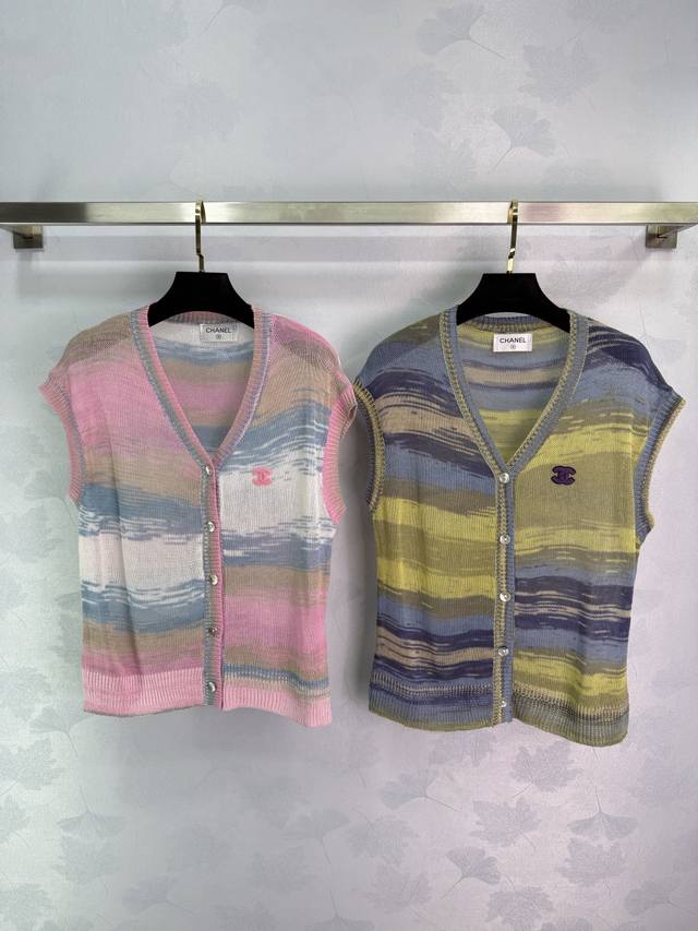 Ch*25 Spring and Summer new V-neck sleeveless knitted vest, pink and blue gradie