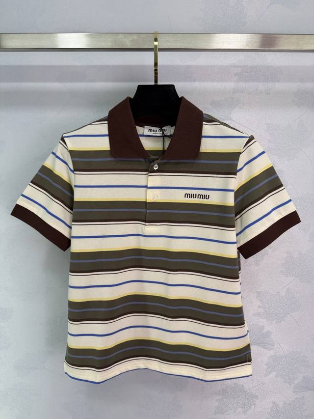 Miumi* 25Ss new spring and summer micro-logo embroidered Polo collar striped sho